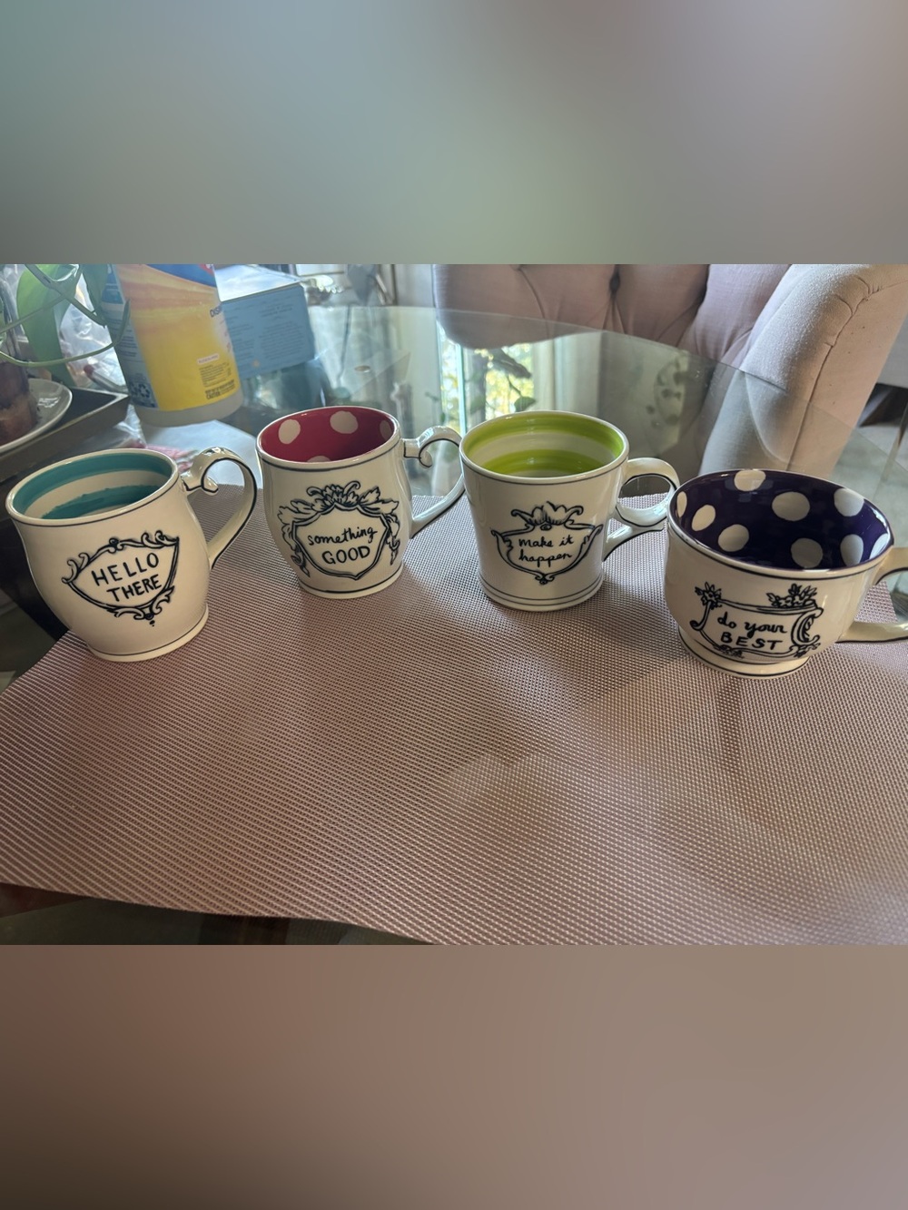 Anthropologie White Mugs with Teal, Red, Lime and Purple Interiors